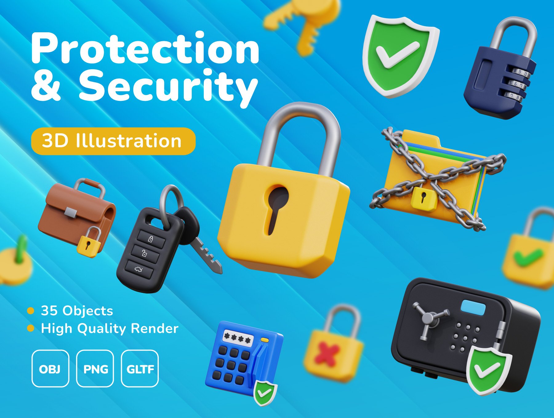 防护安全3D图标集 Protection & Security 3D Icon Set-插画-到位啦UI