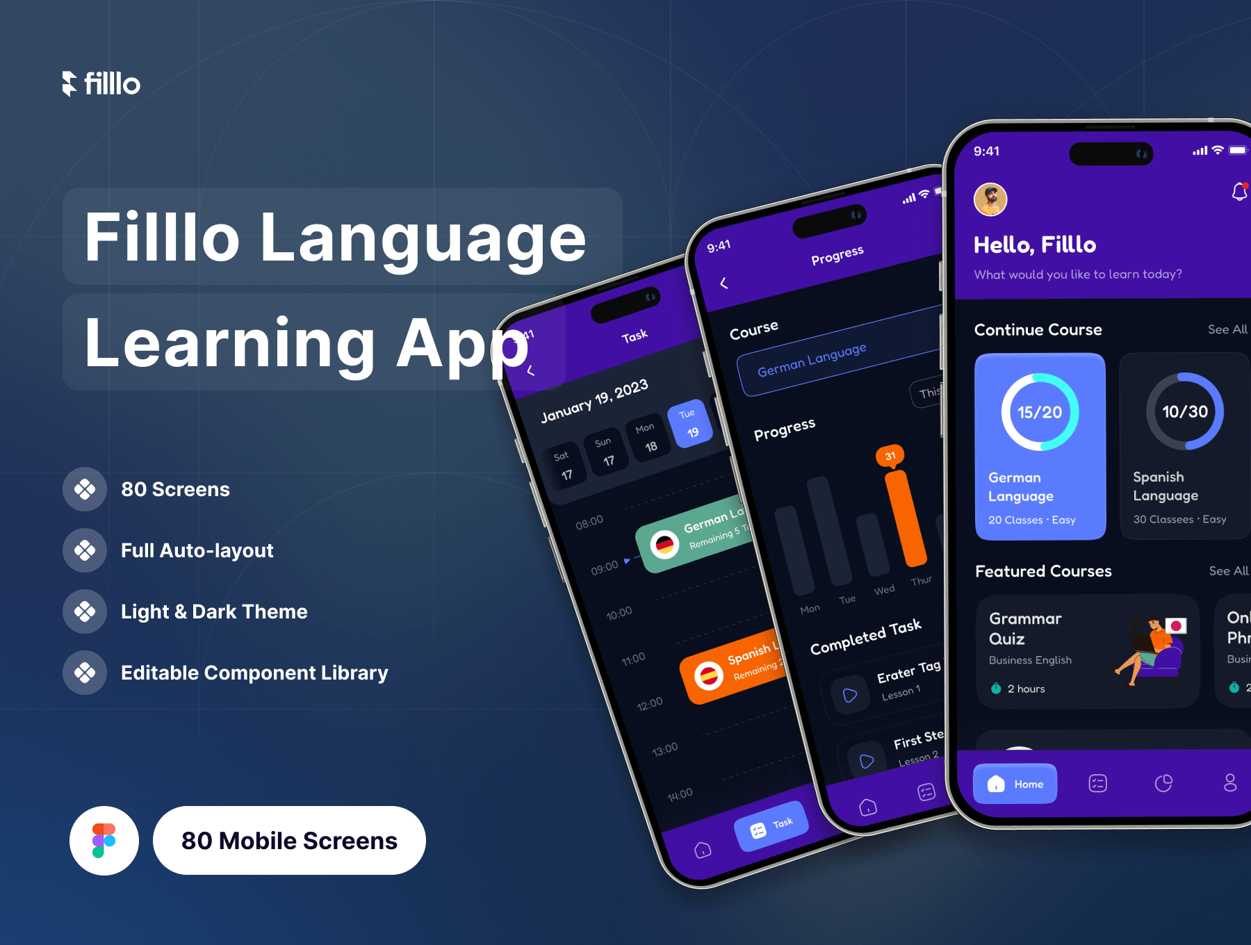 Filllo语言学习App UI套件 Filllo Language Learning App UI Kit-UI/UX-到位啦UI