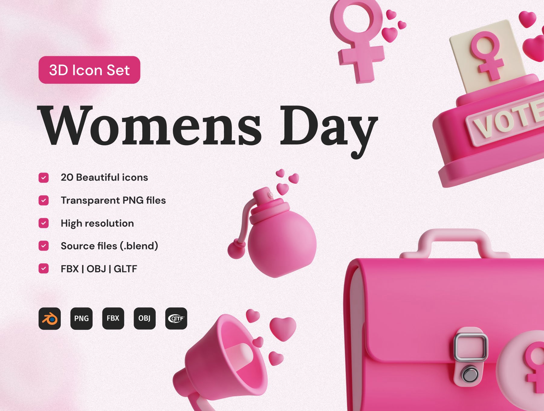 38女人节3D图标集 Women's Day 3D Icon Set-3D/图标-到位啦UI