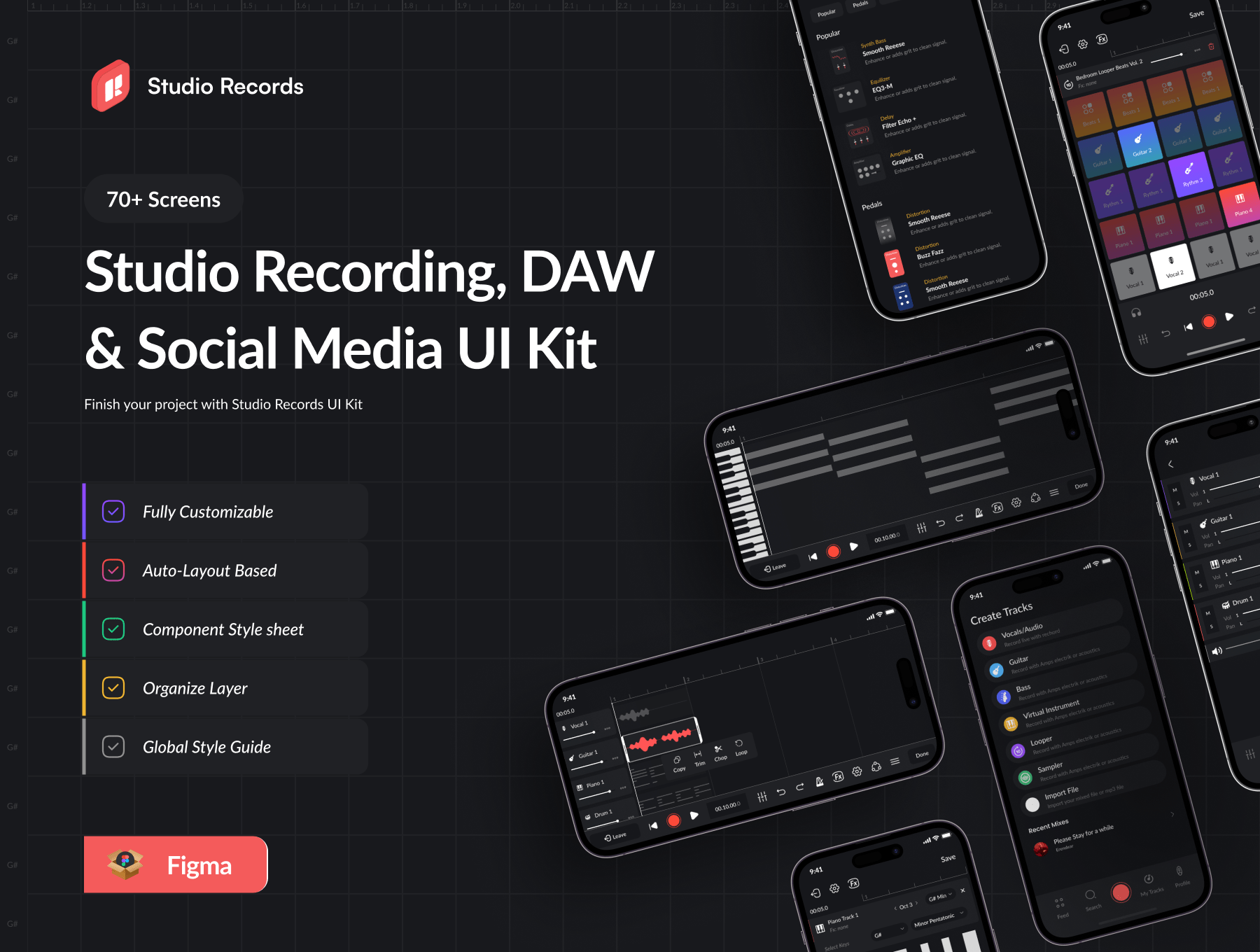 Studio Records音乐播放器应用UI设计模板 Studio Records DAW UI Kit-UI/UX-到位啦UI