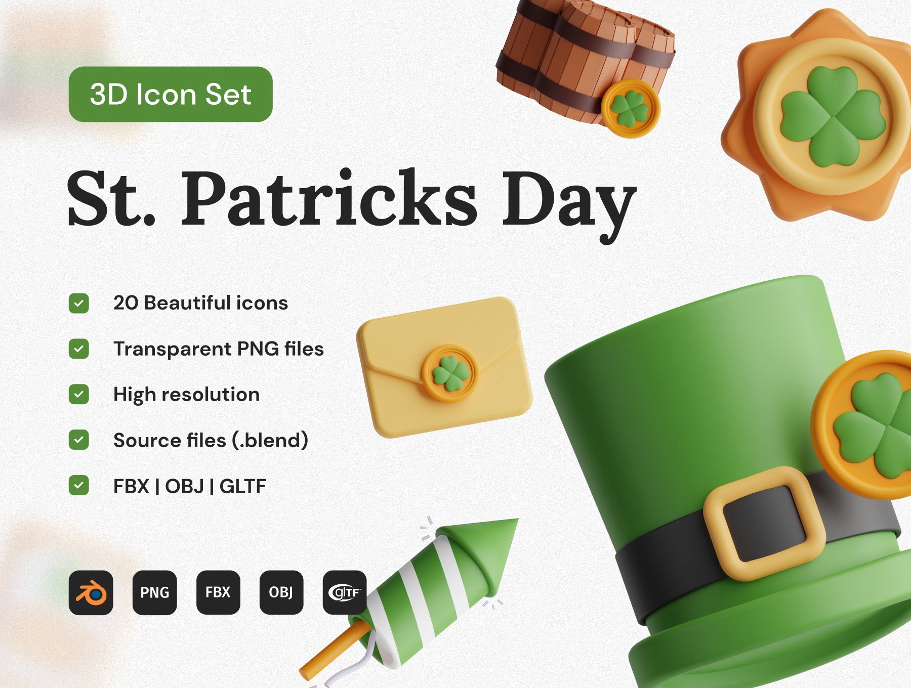 圣帕特里克音乐文化节3D图标集 St. Patricks Day 3D Icon Set-3D/图标-到位啦UI