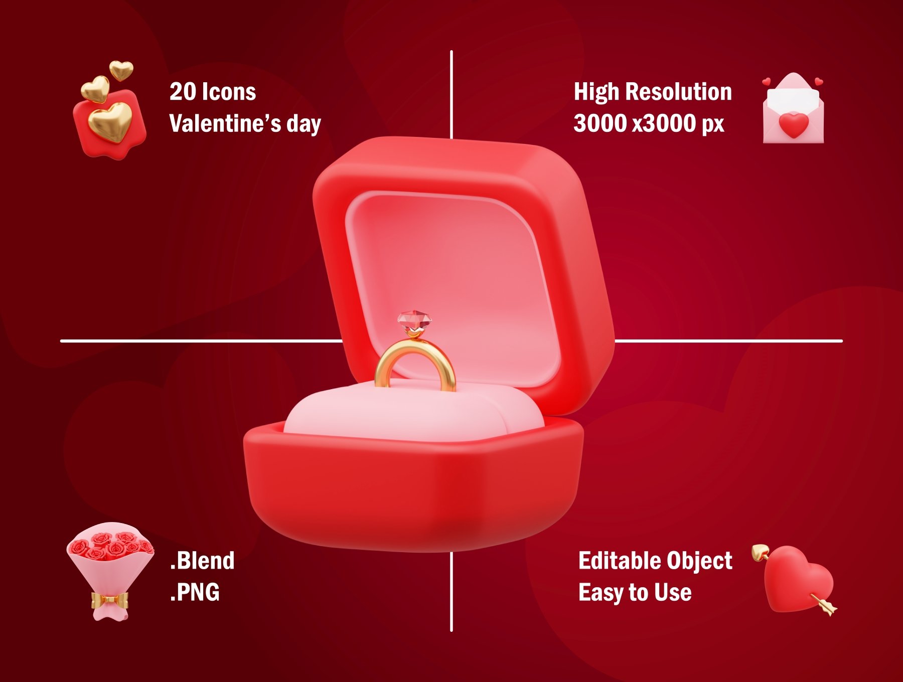 情人节3D素材 Valentine's Day 3D Asset-3D/图标-到位啦UI