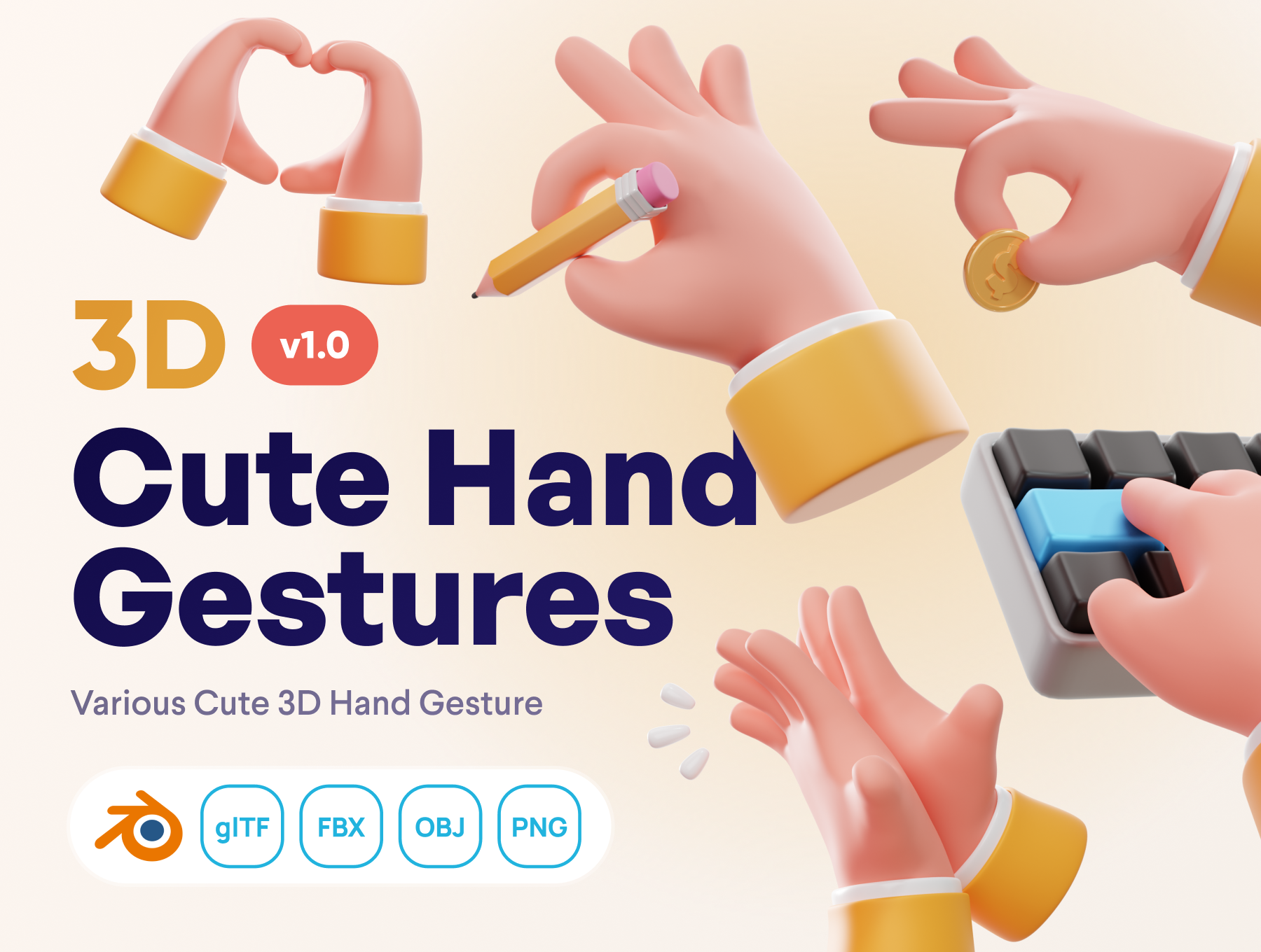 可爱的3D手势模型 Handflufy - Cute 3D Hand Gesture-3D/图标-到位啦UI