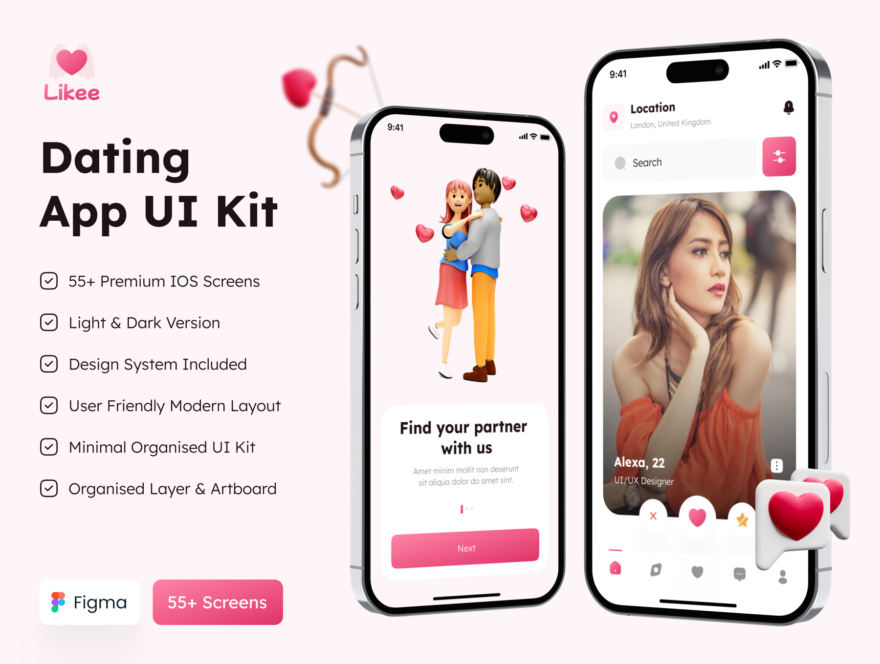 Likee - 约会应用程序UI设计套件 Likee - Dating App UI Kit-UI/UX-到位啦UI